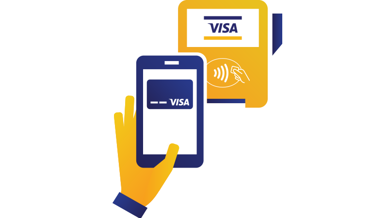 Illustration of a hand holding a mobile phone being held over a checkout terminal displaying the Contactless Symbol.