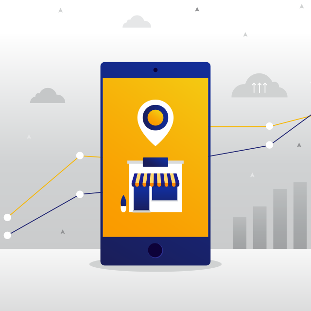 Illustration: mobile phone displaying small business store front with geo location symbol above it superimposed on background of charts and graphs.