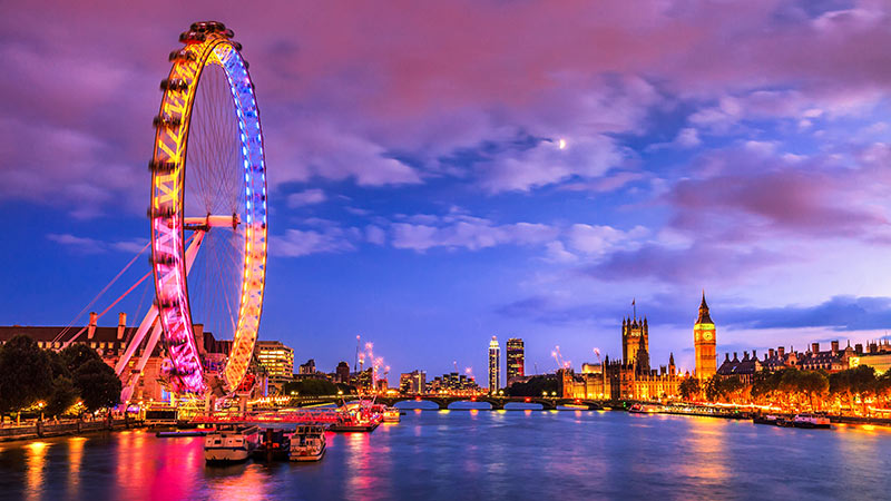 London at twilight. London eye, County Hall, Westminster Bridge, Big Ben and Houses of Parliament